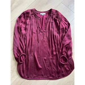 IRO Lyrena Burgundy Silk Blend Pleated Neck Tie Long Sleeve Blouse Top Size 36